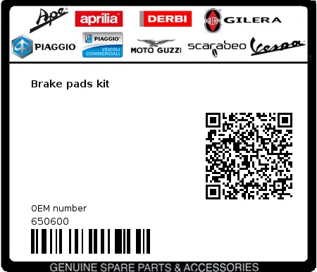 Product image: Gilera - 650600 - Brake pads kit  0