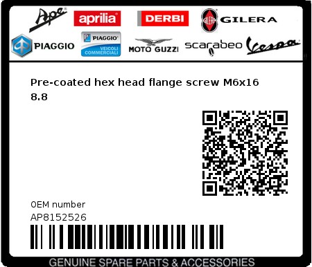 Product image: Gilera - AP8152526 - Pre-coated hex head flange screw M6x16 8.8  0