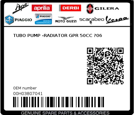 Product image: Aprilia - 00H03807041 - TUBO PUMP -RADIATOR GPR 50CC ?06 