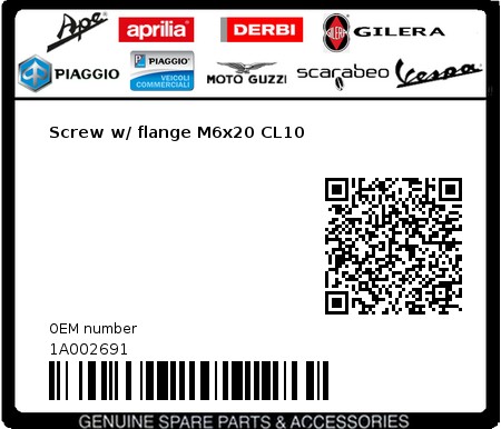 Product image: Aprilia - 1A002691 - Screw w/ flange M6x20 CL10 