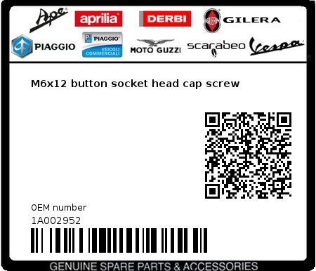 Product image: Aprilia - 1A002952 - M6x12 button socket head cap screw  0