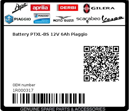 Product image: Aprilia - 1R000317 - Battery PTXL-BS 12V 6Ah Piaggio  0