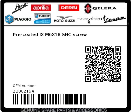 Product image: Aprilia - 2B002194 - Pre-coated IX M6X18 SHC screw  0