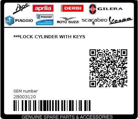 Product image: Aprilia - 2B003120 - ***LOCK CYLINDER WITH KEYS 