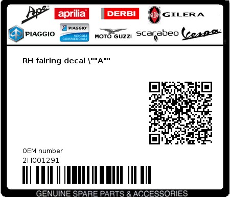 Product image: Aprilia - 2H001291 - RH fairing decal \""A""  0