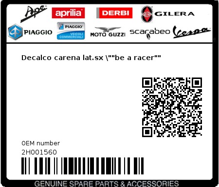 Product image: Aprilia - 2H001560 - Decalco carena lat.sx \""be a racer"" 