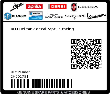 Product image: Aprilia - 2H001791 - RH Fuel tank decal "aprilia racing 