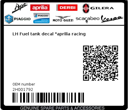 Product image: Aprilia - 2H001792 - LH Fuel tank decal "aprilia racing 