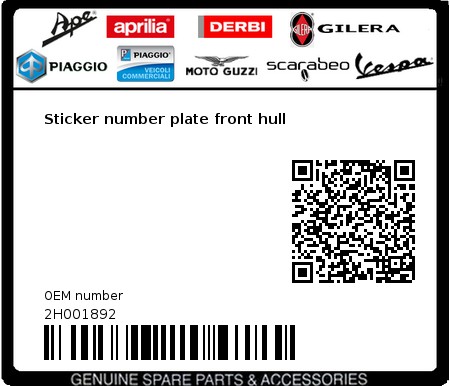 Product image: Aprilia - 2H001892 - Sticker number plate front hull 