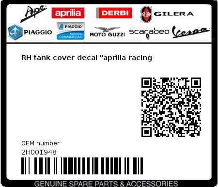 Product image: Aprilia - 2H001948 - RH tank cover decal "aprilia racing  0