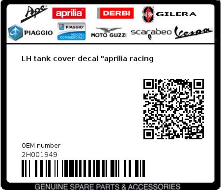 Product image: Aprilia - 2H001949 - LH tank cover decal "aprilia racing  0
