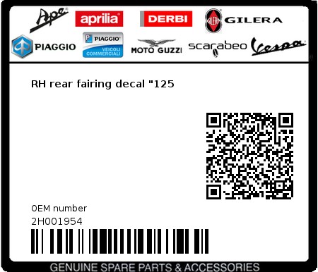 Product image: Aprilia - 2H001954 - RH rear fairing decal "125  0