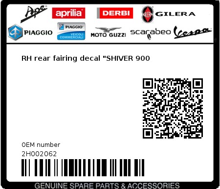 Product image: Aprilia - 2H002062 - RH rear fairing decal "SHIVER 900  0