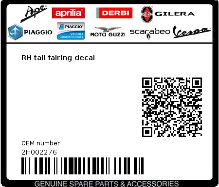 Product image: Aprilia - 2H002276 - RH tail fairing decal  0