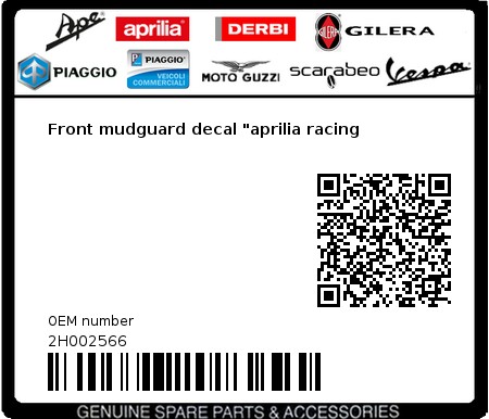 Product image: Aprilia - 2H002566 - Front mudguard decal "aprilia racing  0