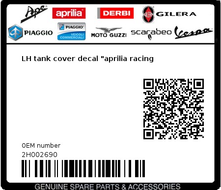 Product image: Aprilia - 2H002690 - LH tank cover decal "aprilia racing 