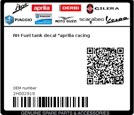 Product image: Aprilia - 2H002919 - RH Fuel tank decal "aprilia racing  0