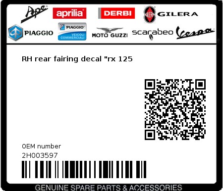 Product image: Aprilia - 2H003597 - RH rear fairing decal "rx 125  0