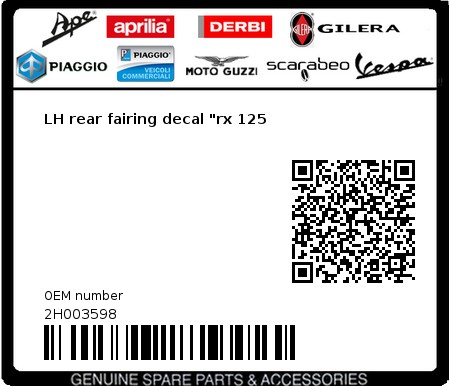 Product image: Aprilia - 2H003598 - LH rear fairing decal "rx 125  0