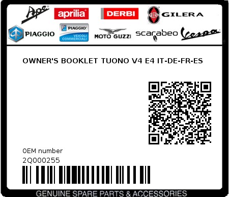 Product image: Aprilia - 2Q000255 - OWNER'S BOOKLET TUONO V4 E4 IT-DE-FR-ES  0