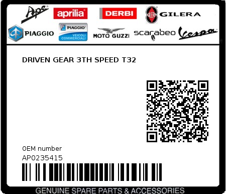 Product image: Aprilia - AP0235415 - DRIVEN GEAR 3TH SPEED T32  0