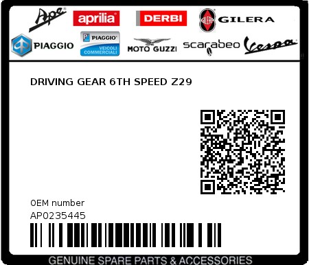Product image: Aprilia - AP0235445 - DRIVING GEAR 6TH SPEED Z29  0