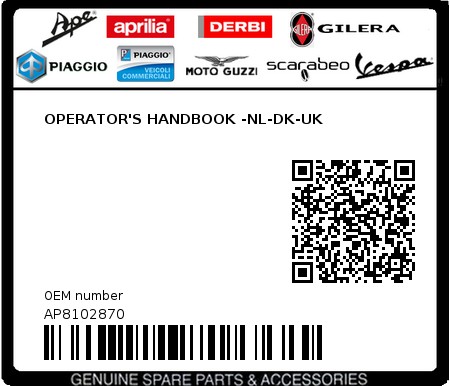 Product image: Aprilia - AP8102870 - OPERATOR'S HANDBOOK -NL-DK-UK  0