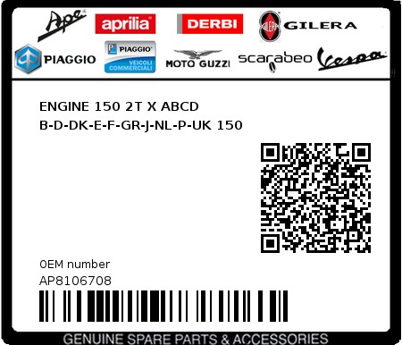 Product image: Aprilia - AP8106708 - ENGINE 150 2T X ABCD B-D-DK-E-F-GR-J-NL-P-UK 150 