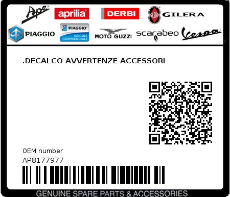 Product image: Aprilia - AP8177977 - .DECALCO AVVERTENZE ACCESSORI 