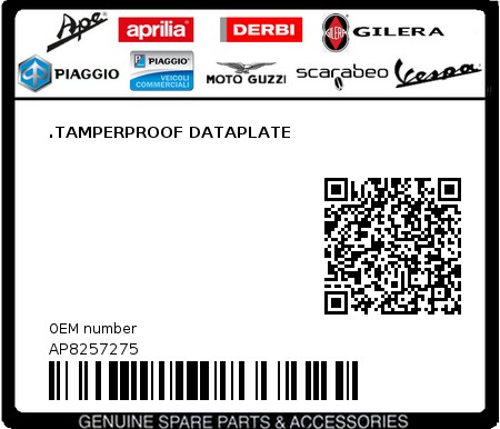 Product image: Aprilia - AP8257275 - .TAMPERPROOF DATAPLATE 