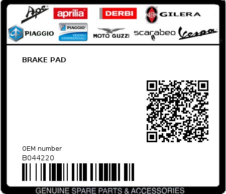 Product image: Aprilia - B044220 - BRAKE PAD 