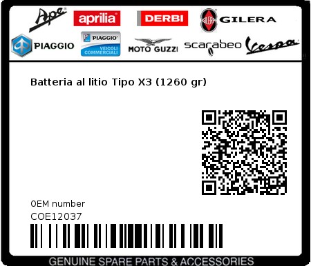 Product image: Aprilia - COE12037 - Batteria al litio Tipo X3 (1260 gr)  0