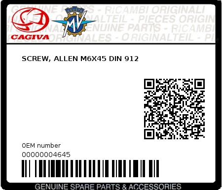 Product image: Cagiva - 00000004645 - SCREW, ALLEN M6X45 DIN 912  0