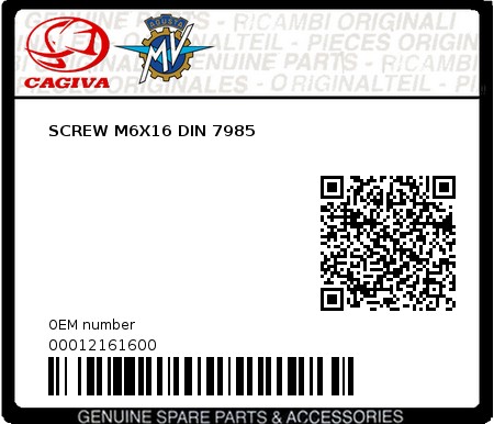 Product image: Cagiva - 00012161600 - SCREW M6X16 DIN 7985  0