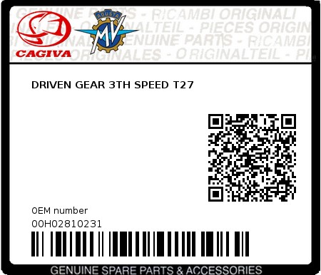 Product image: Cagiva - 00H02810231 - DRIVEN GEAR 3TH SPEED T27 