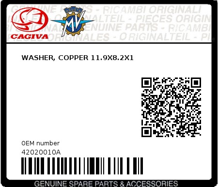 Product image: Cagiva - 42020010A - WASHER, COPPER 11.9X8.2X1  0