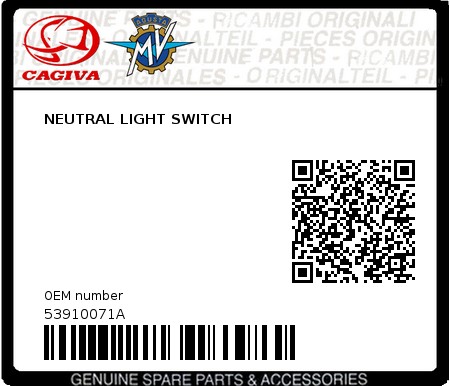 Product image: Cagiva - 53910071A - NEUTRAL LIGHT SWITCH  0
