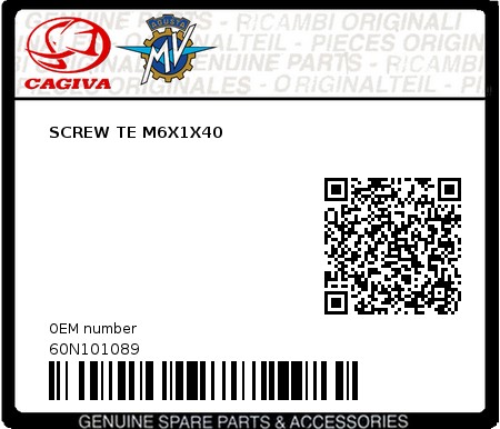 Product image: Cagiva - 60N101089 - SCREW TE M6X1X40  0