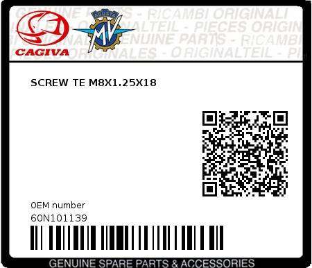 Product image: Cagiva - 60N101139 - SCREW TE M8X1.25X18  0