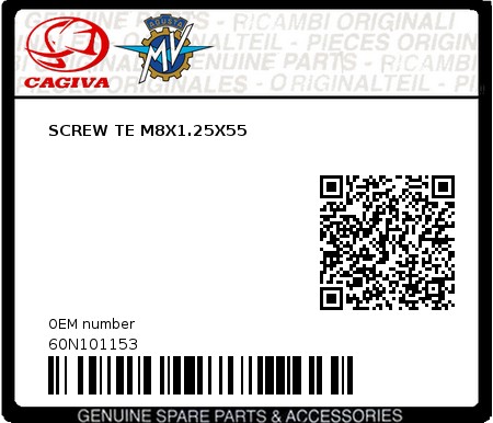 Product image: Cagiva - 60N101153 - SCREW TE M8X1.25X55  0