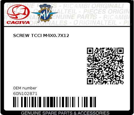 Product image: Cagiva - 60N102871 - SCREW TCCI M4X0.7X12 