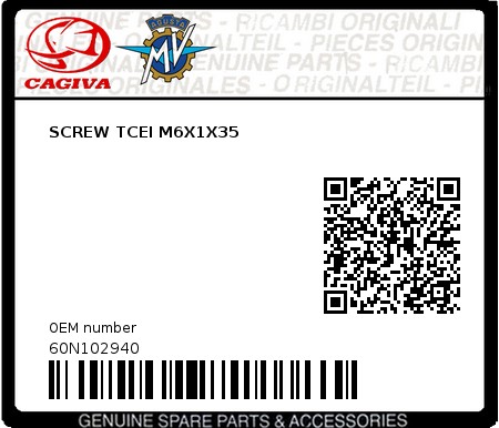 Product image: Cagiva - 60N102940 - SCREW TCEI M6X1X35 