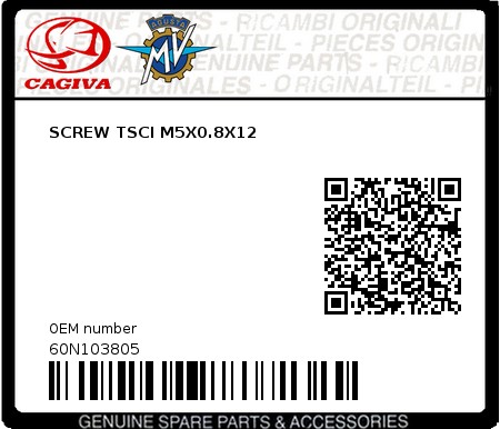 Product image: Cagiva - 60N103805 - SCREW TSCI M5X0.8X12  0