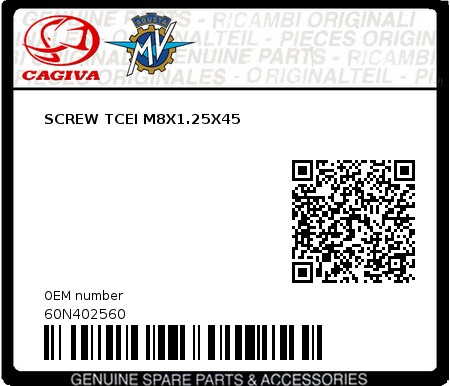 Product image: Cagiva - 60N402560 - SCREW TCEI M8X1.25X45  0