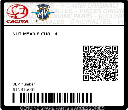 Product image: Cagiva - 61N315032 - NUT M5X0.8 CH8 H4  0