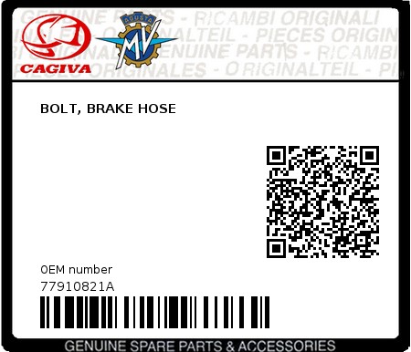 Product image: Cagiva - 77910821A - BOLT, BRAKE HOSE 