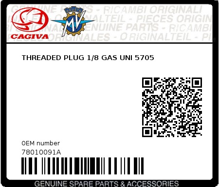 Product image: Cagiva - 78010091A - THREADED PLUG 1/8 GAS UNI 5705 