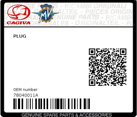 Product image: Cagiva - 78040011A - PLUG  0