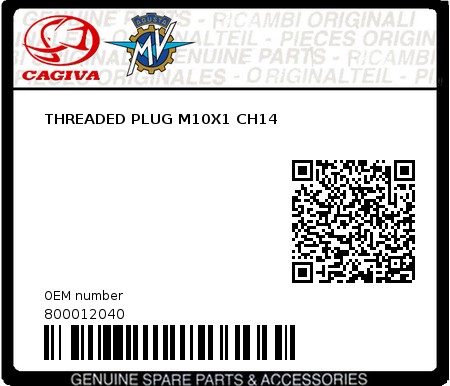 Product image: Cagiva - 800012040 - THREADED PLUG M10X1 CH14  0