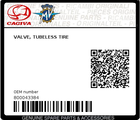 Product image: Cagiva - 800043384 - VALVE, TUBELESS TIRE  0